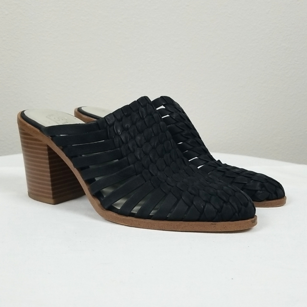 1. State Bohemian Black Woven Leather Liche Block Heel Mule Sandal Heels Size 10